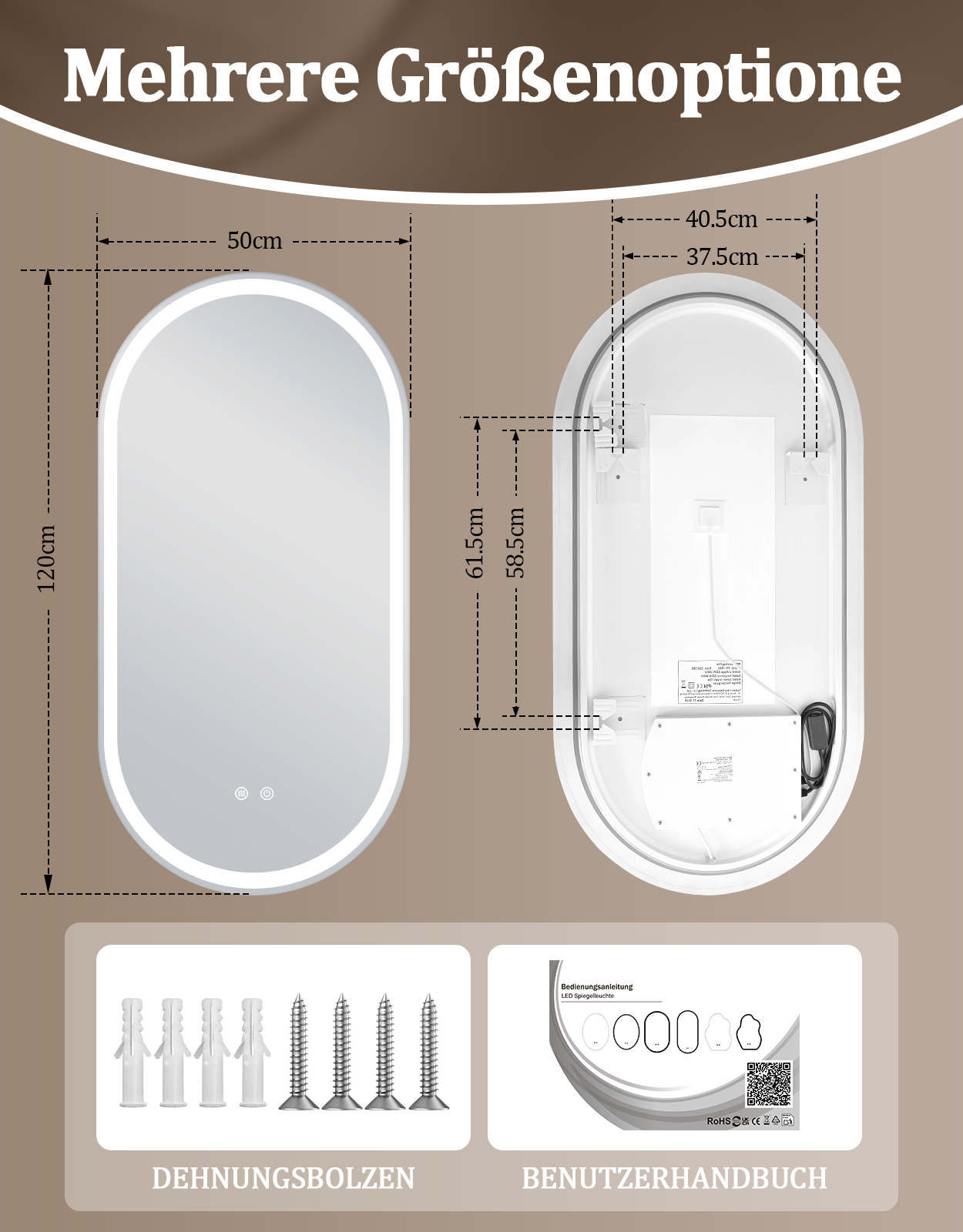 Espejo con dimensiones y accesorios de montaje. Vista frontal y trasera.