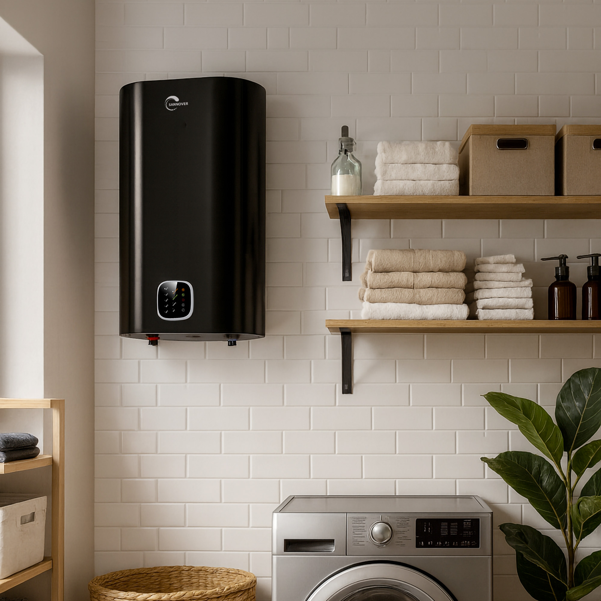 Zwarte boiler boven wasmachine, met planken vol handdoeken en manden.
