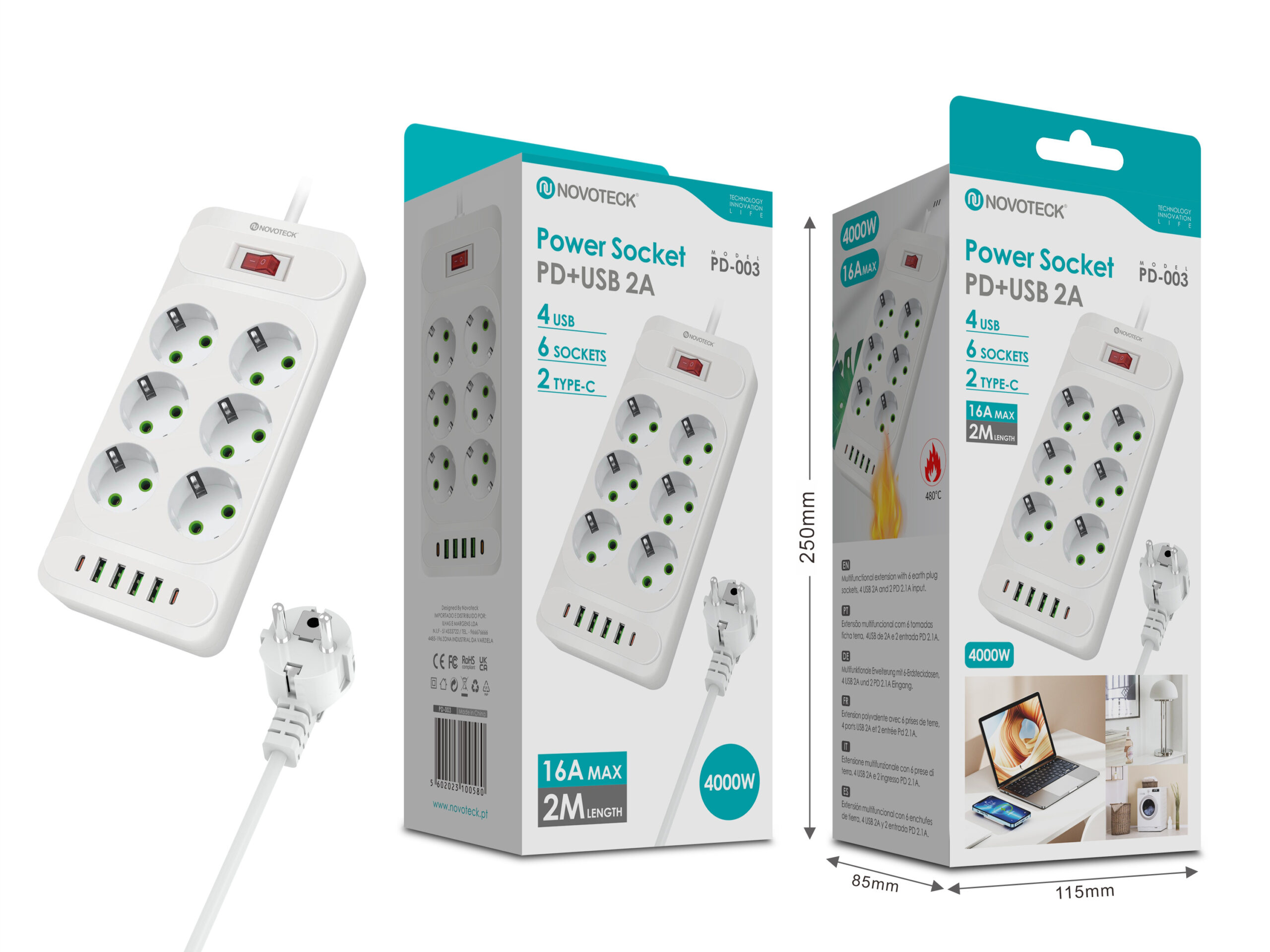 Regleta blanca con 6 enchufes, 4 puertos USB y 2 puertos Tipo-C.