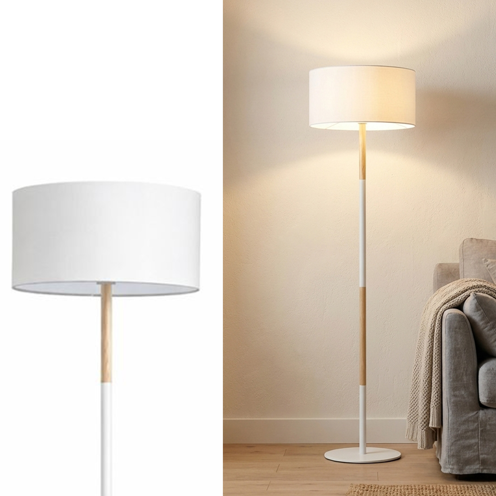 Una lámpara de pie blanca con detalles de madera junto a un sofá.