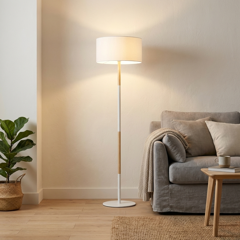 Lámpara de pie blanca con detalles de madera junto a un sofá gris.