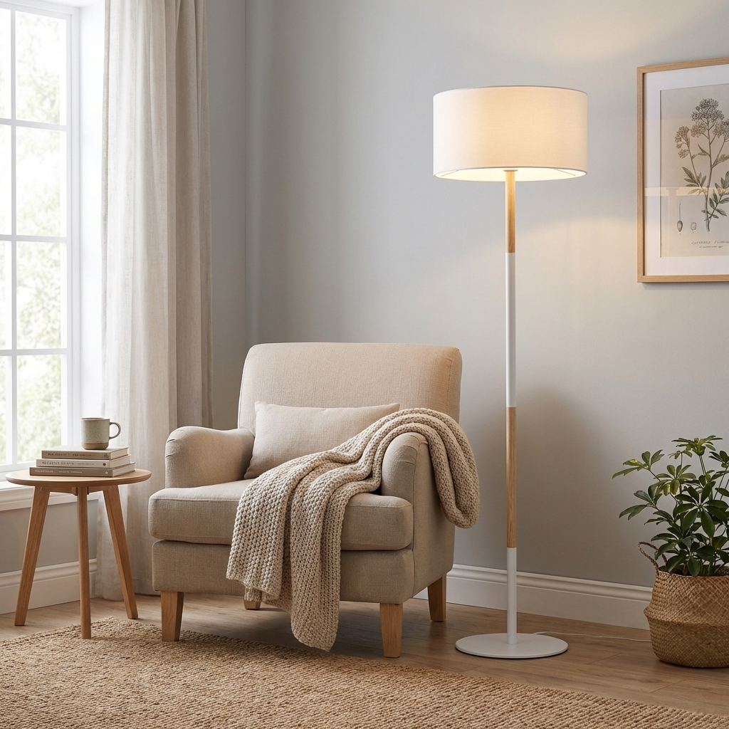 Un sillón beige con manta y cojín junto a una mesita auxiliar con taza.