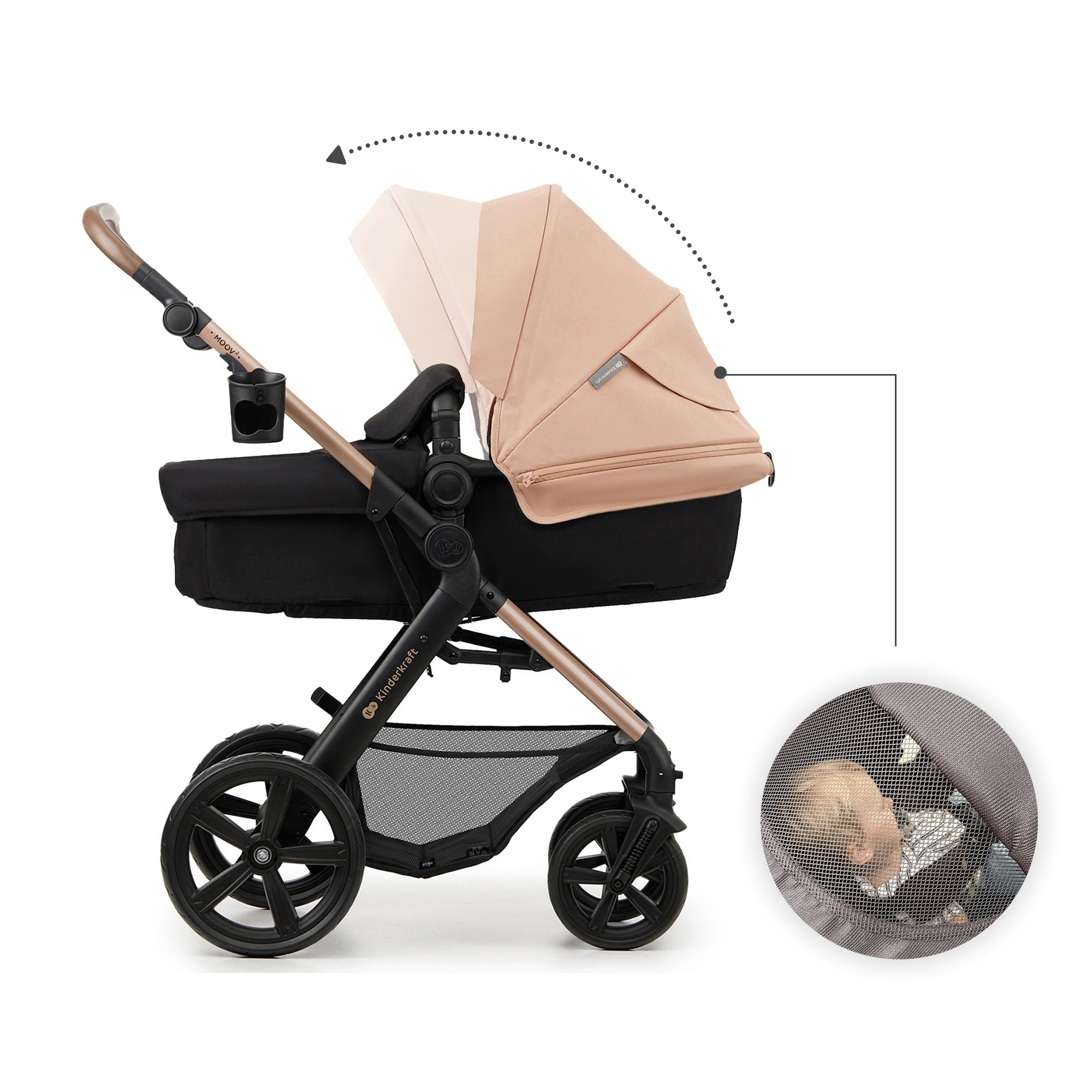 Ein Kinderwagen mit rosafarbenem Verdeck, schwarzem Sitz und silbernem Gestell.