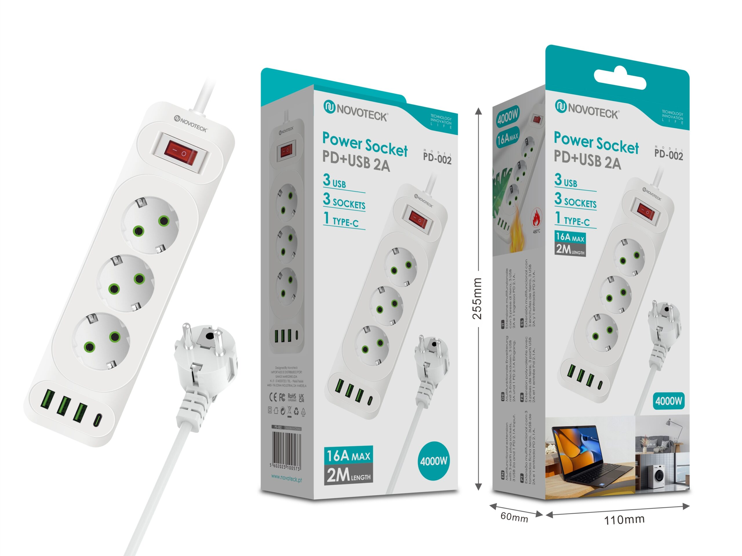 Regleta blanca con 3 enchufes, 3 USB y 1 puerto Tipo-C.
