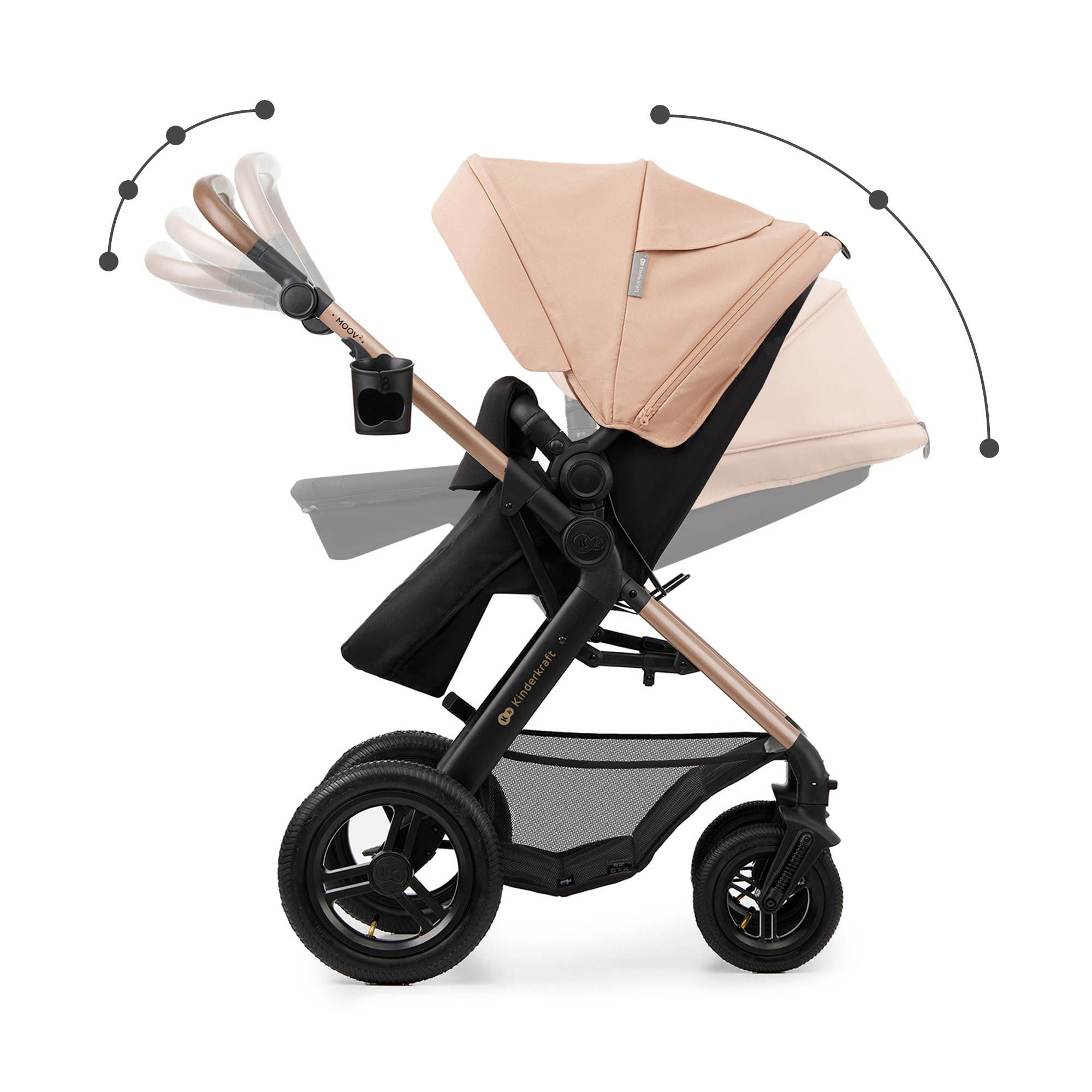 Ein beiger Kinderwagen mit schwarzem Gestell und Rädern.