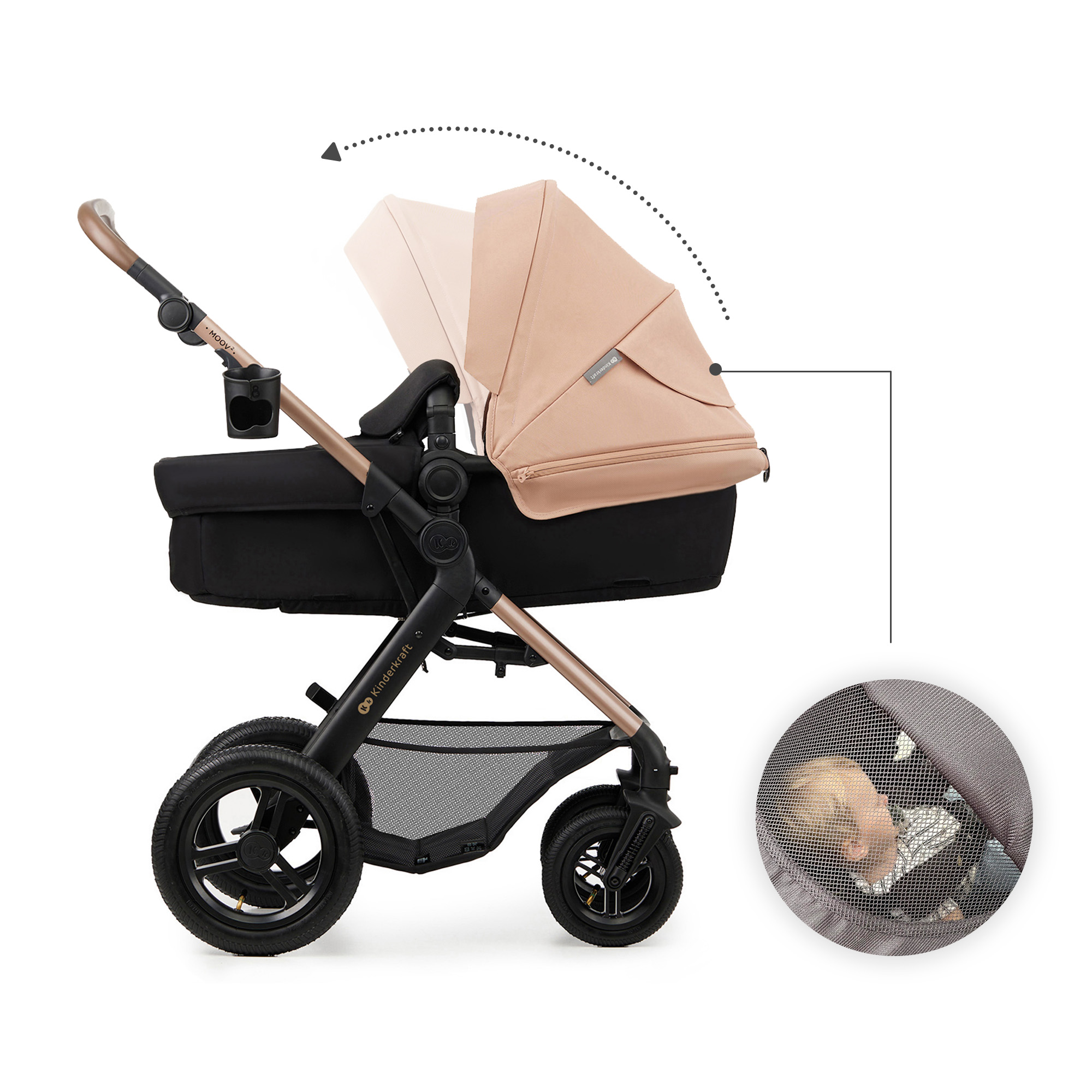 Ein Kinderwagen mit rosa Verdeck und schwarzem Sitz, mit Detailansicht eines Babys.