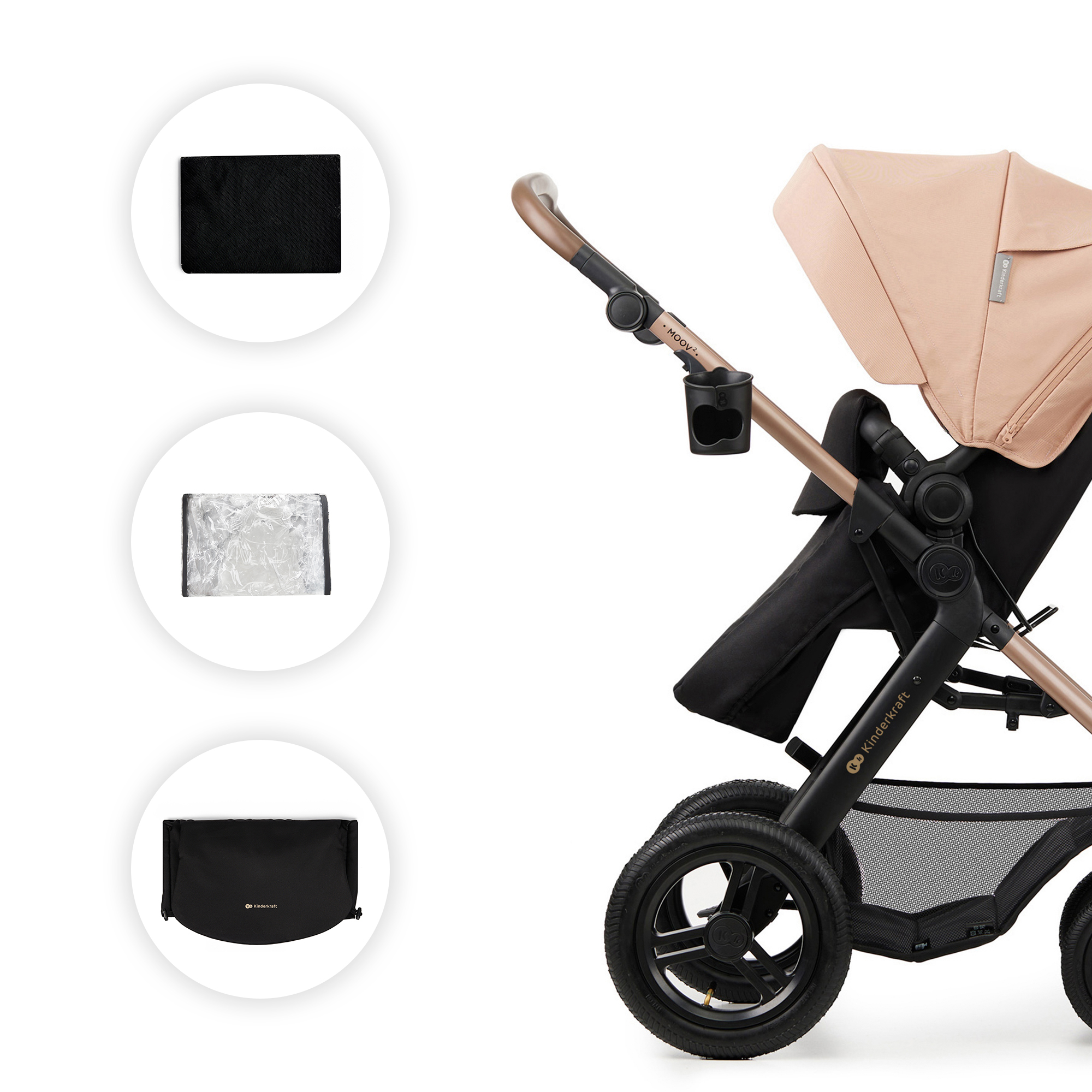 Ein pfirsichfarbener Kinderwagen mit schwarzen Akzenten, Becherhalter und Ablage.