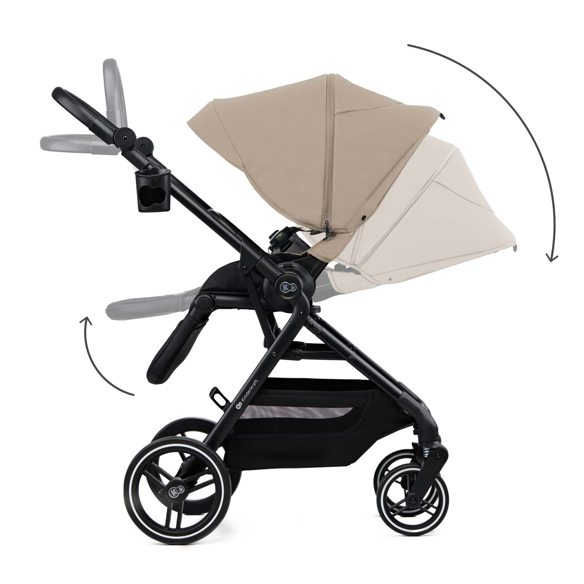 Ein schwarzer Kinderwagen mit beigefarbenem Verdeck. Verstellbare Griffe und Räder.