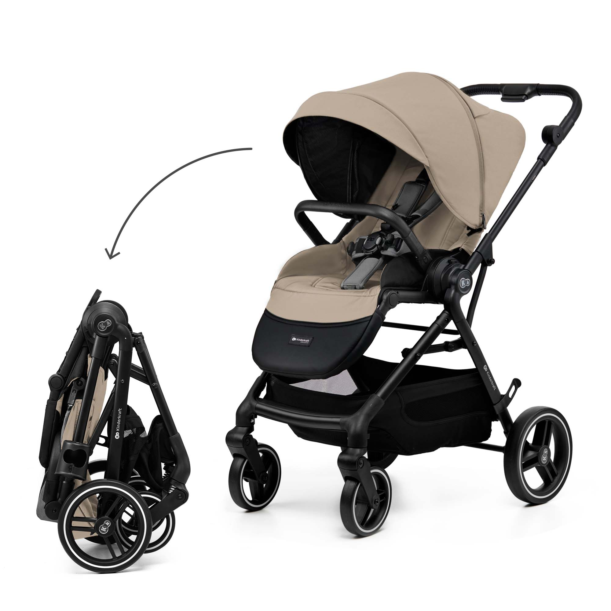 Ein beige Kinderwagen, aufgestellt und zusammengeklappt, mit schwarzem Rahmen.