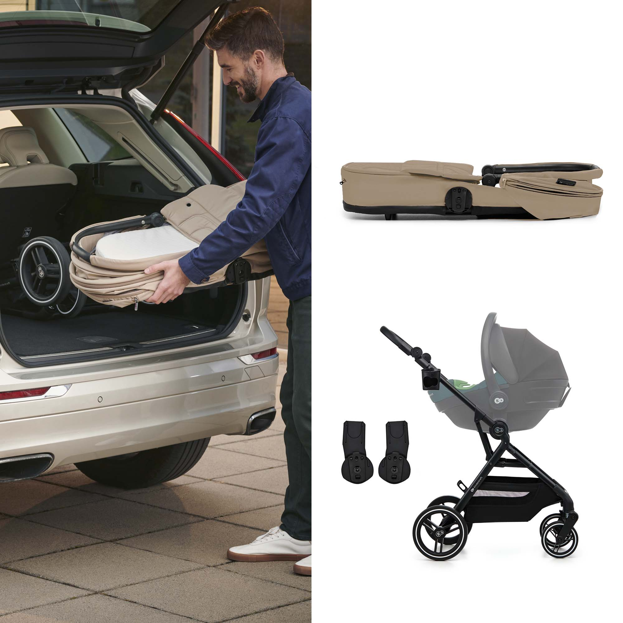 Mann lädt Kinderwagen in Kofferraum. Detailansicht des Kinderwagens und Zubehör.