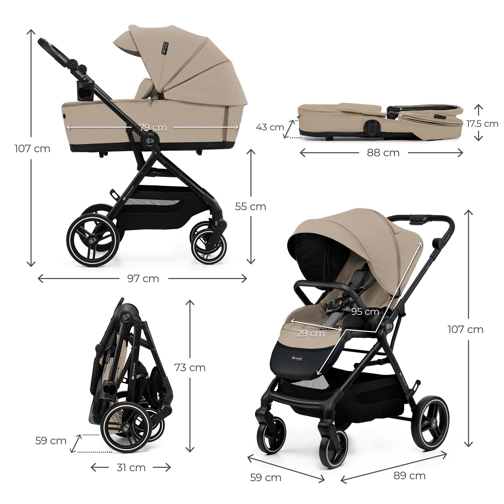 Ein beiger Kinderwagen mit Maßen und Klappfunktionen wird gezeigt.