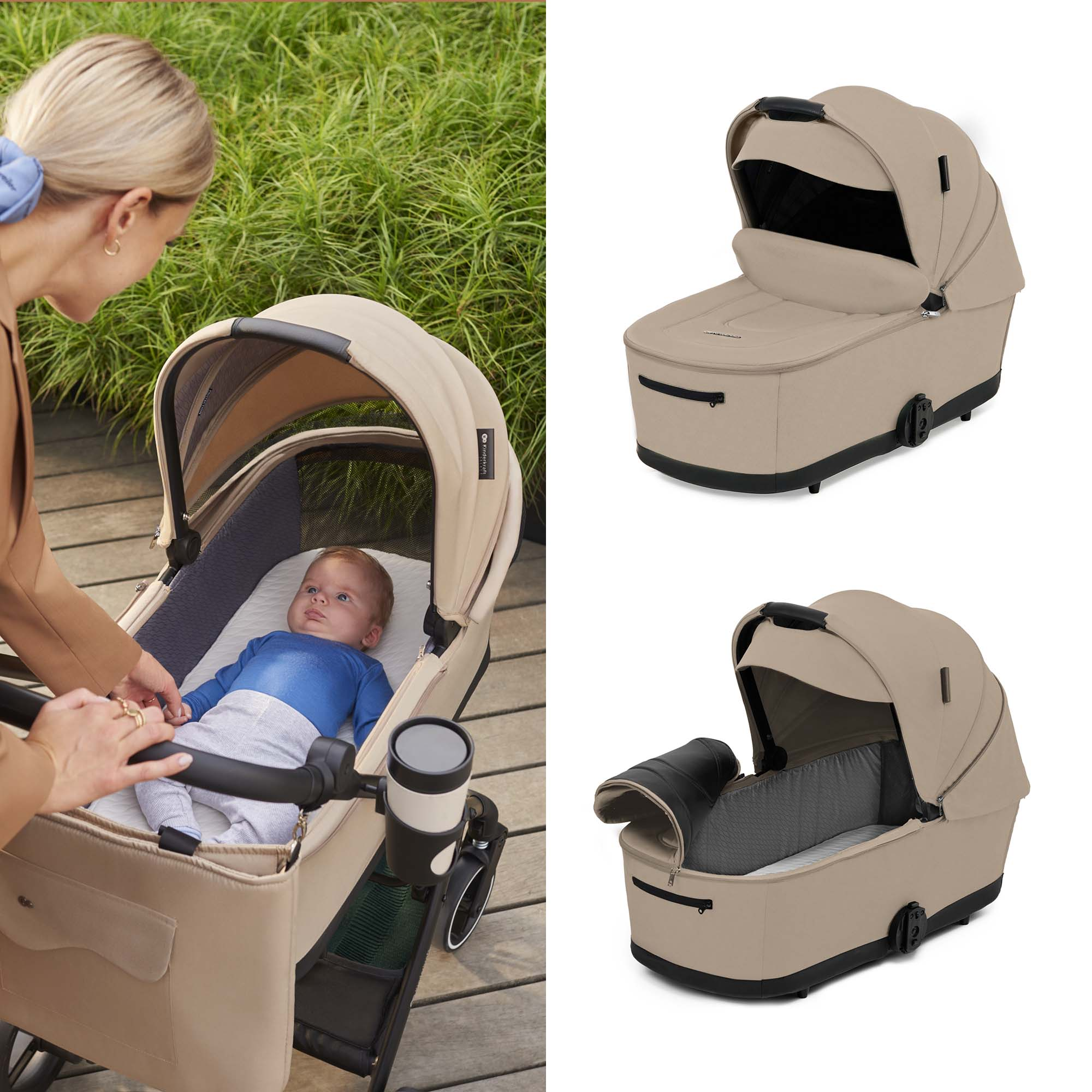 Eine Frau betrachtet ein Baby in einem beigefarbenen Kinderwagen neben zwei Produktbildern einer beigefarbenen Babywanne auf weißem Hintergrund.