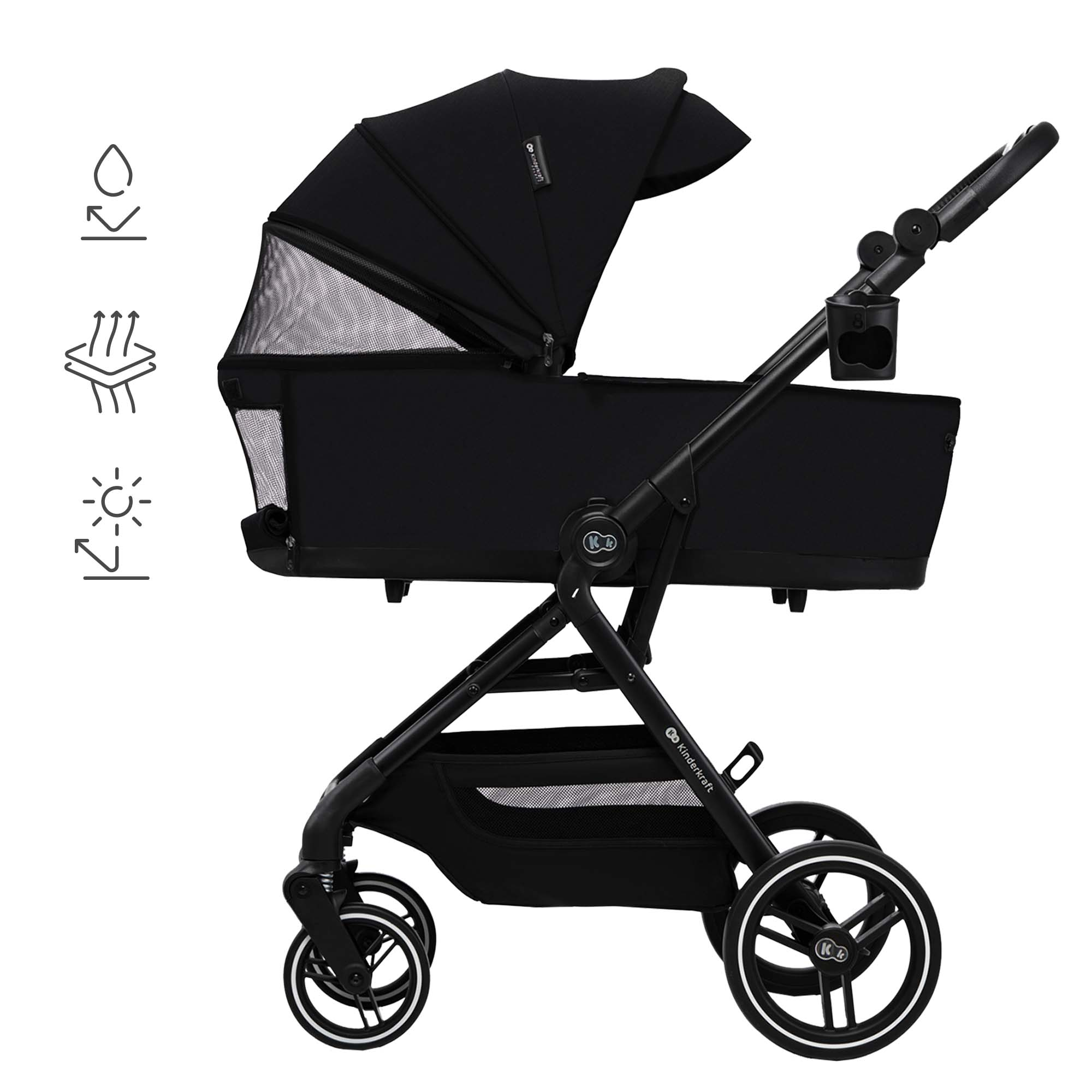Ein schwarzer Kinderwagen mit Verdeck, Netzfenster, Becherhalter und Einkaufskorb.