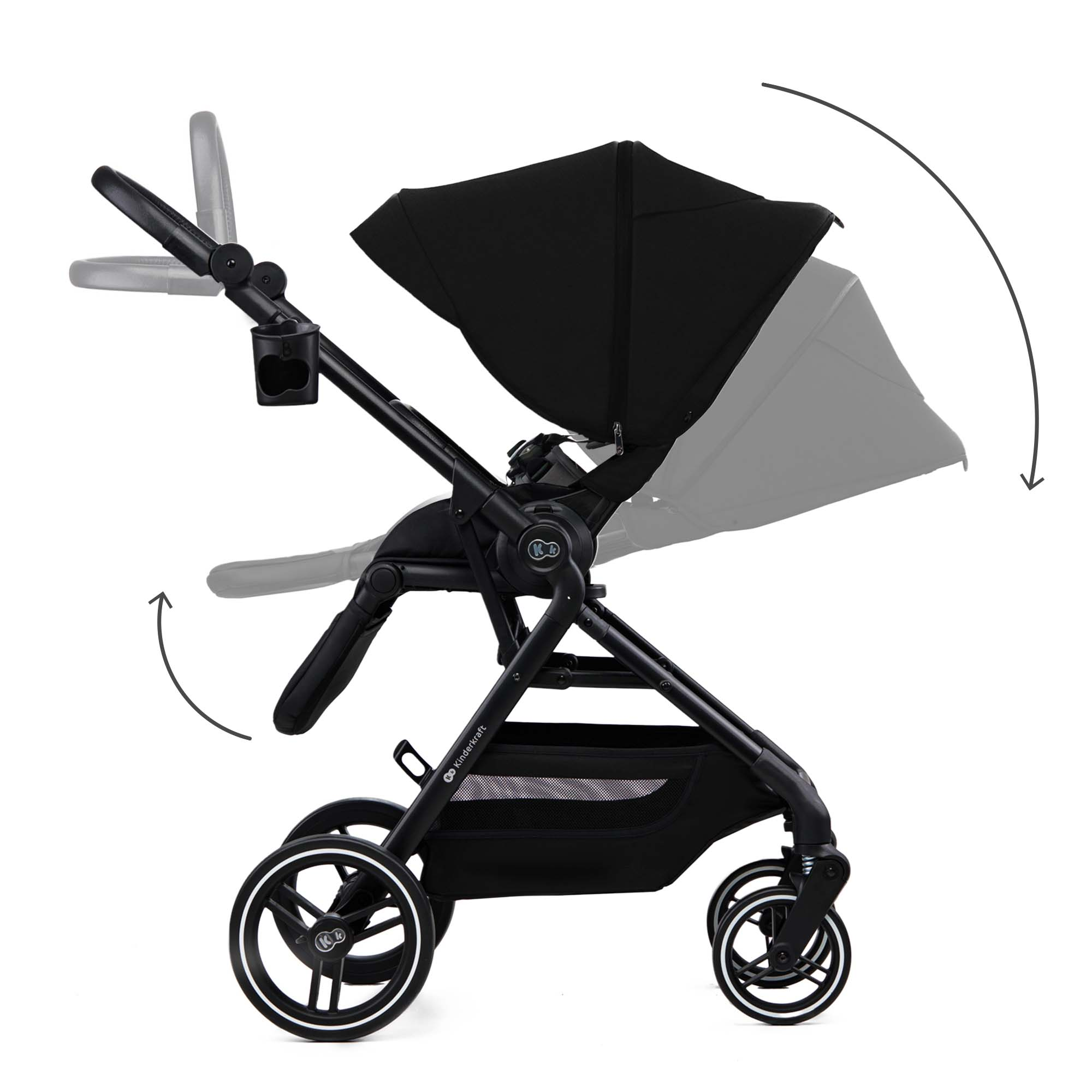 Ein schwarzer Kinderwagen mit verstellbarem Griff und Verdeck auf weißem Hintergrund.