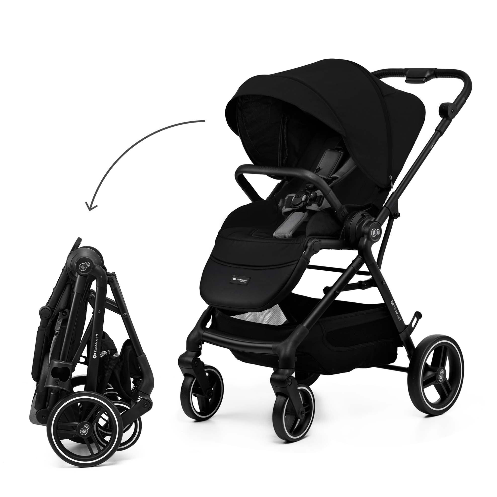 Ein schwarzer Kinderwagen, aufgeklappt und zusammengeklappt, auf weißem Hintergrund.