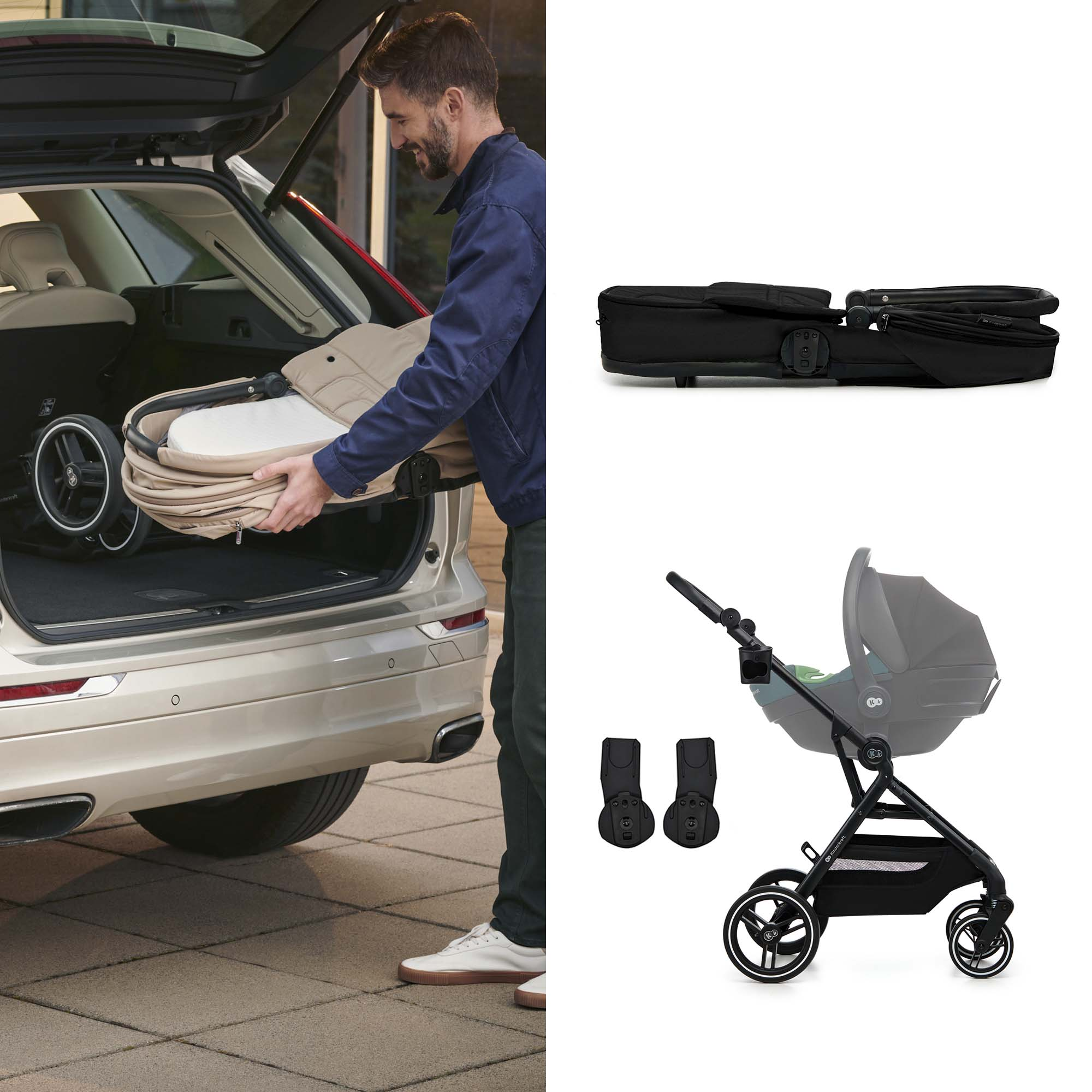Mann lädt Kinderwagen in Auto. Einzelteile eines Kinderwagens auf weißem Grund.