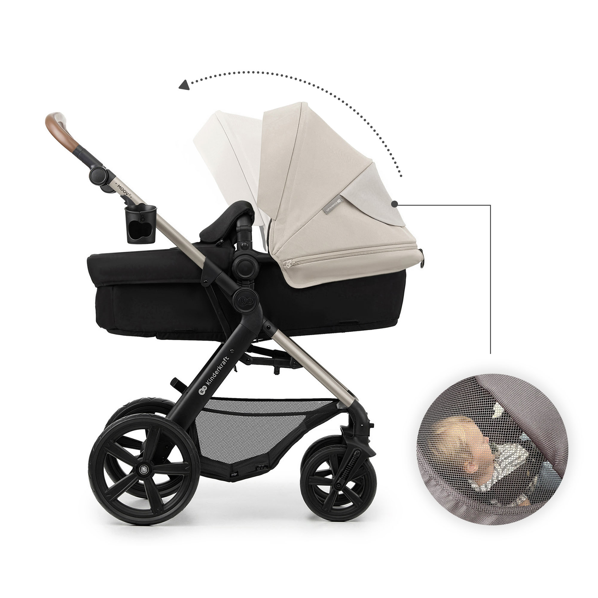 Schwarzer Kinderwagen mit beige Verdeck, das verstellt wird. Kleines Kind im Einsatz.
