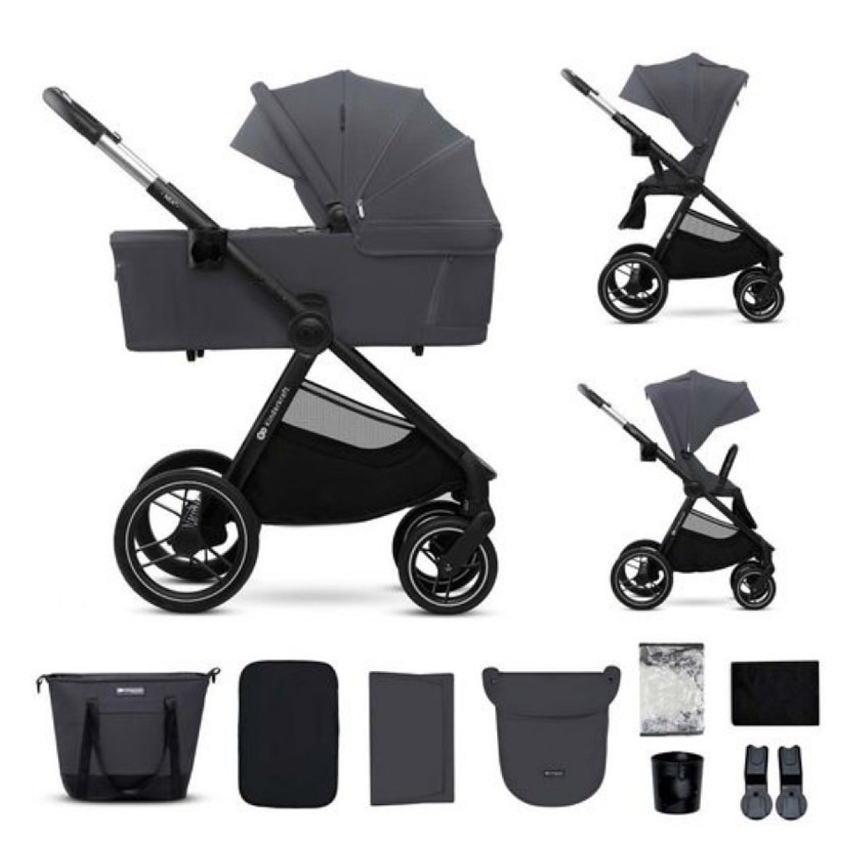 Ein Kinderwagen mit Zubehör, einschließlich Tragetasche und Wickeltasche.