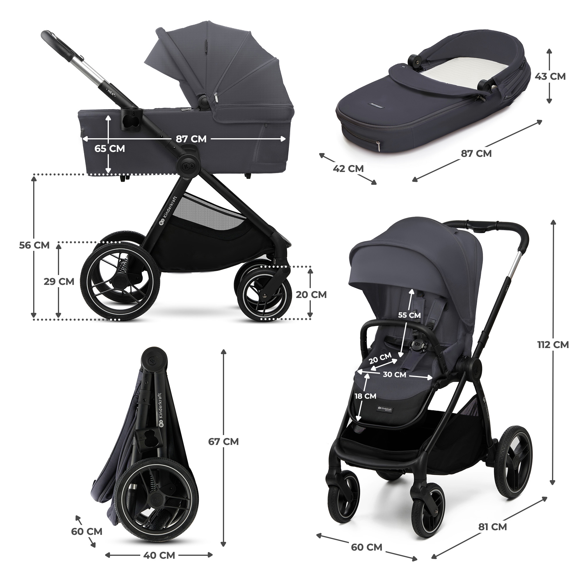 Technische Maße eines Kinderwagens, Liegewanne und Sitz in Grau.