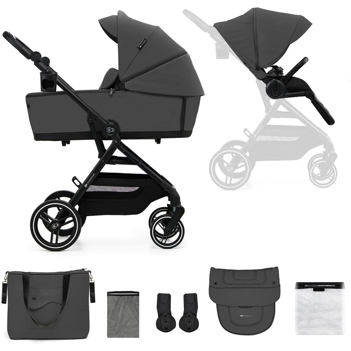 Dunkelgrauer Kinderwagen mit Zubehör: Tasche, Netz, Adapter, Sitzauflage, Regenschutz.
