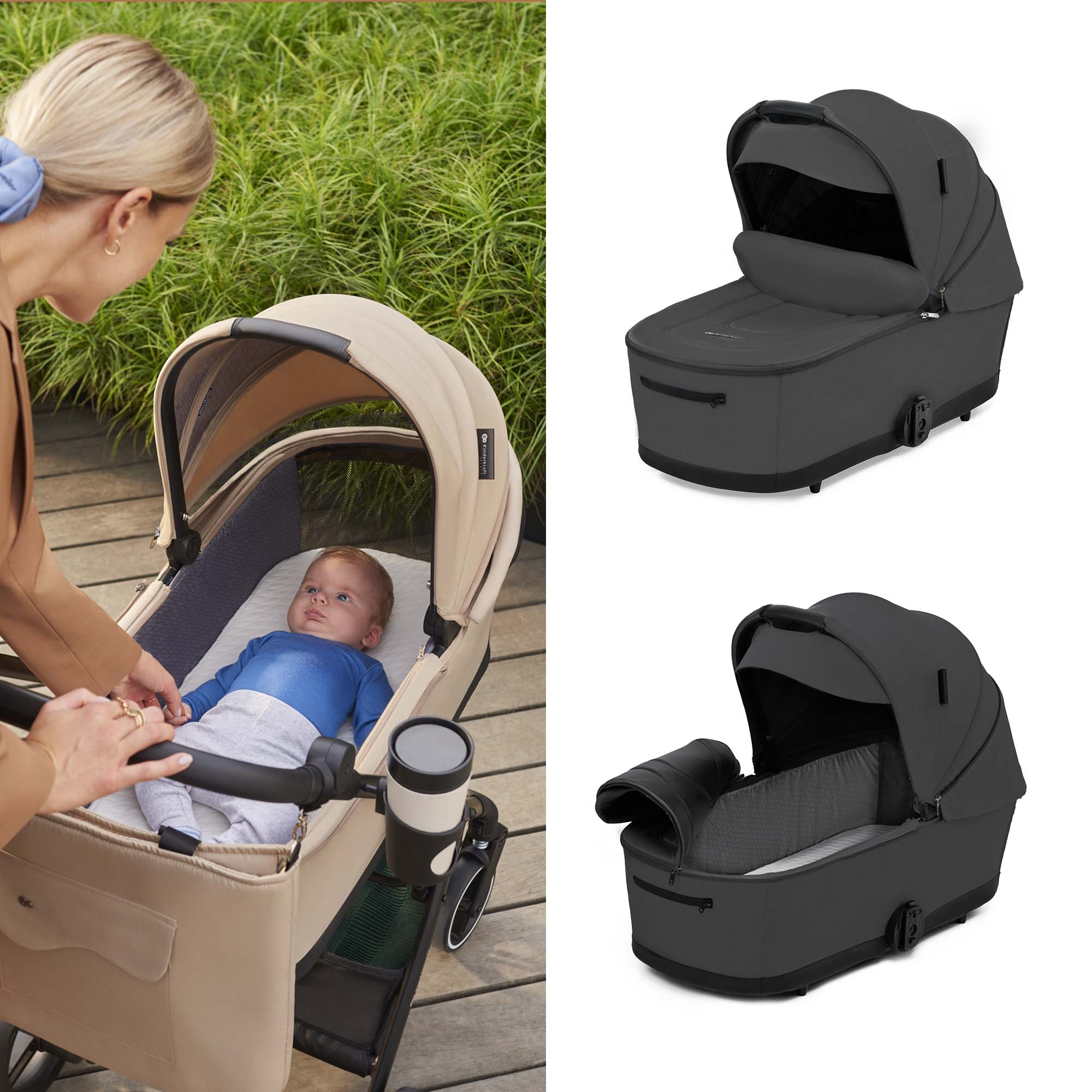 Ein Baby in einem Kinderwagen mit einer Frau daneben, und zwei Kinderwagenaufsätze.