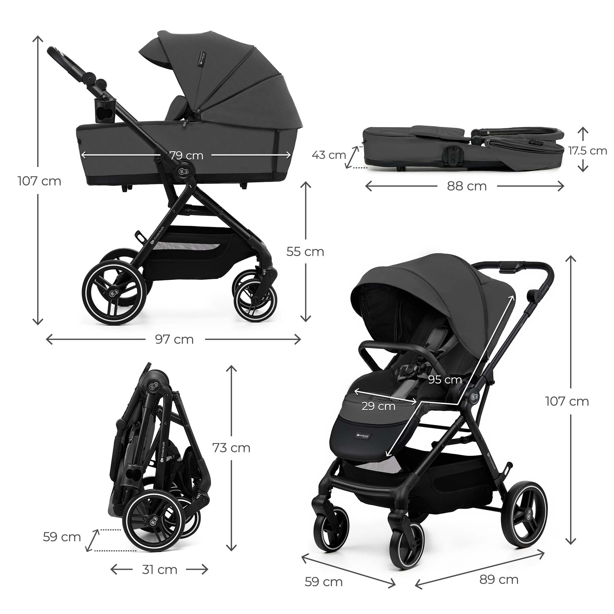 Ein grauer Kinderwagen wird in verschiedenen Ansichten und mit Maßen gezeigt.
