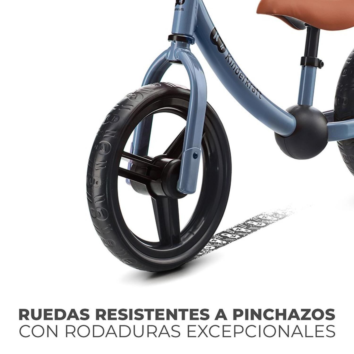 Blaues Kinderfahrrad mit braunem Sattel und schwarzem Rad.