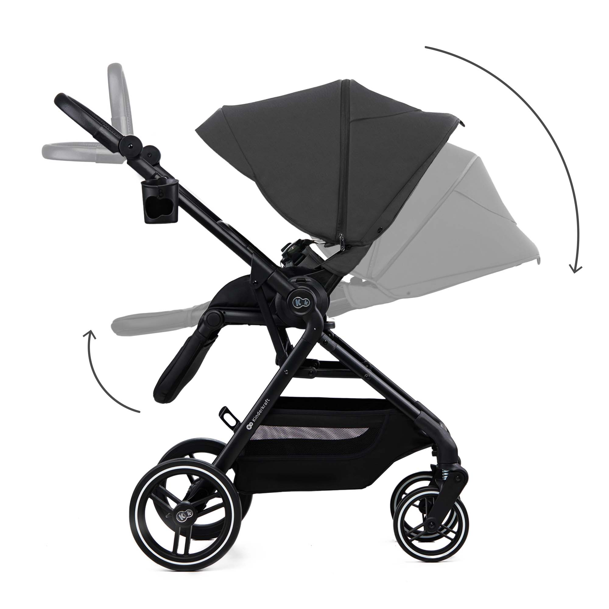 Ein schwarzer Kinderwagen mit verstellbarem Griff und Verdeck auf weißem Hintergrund.