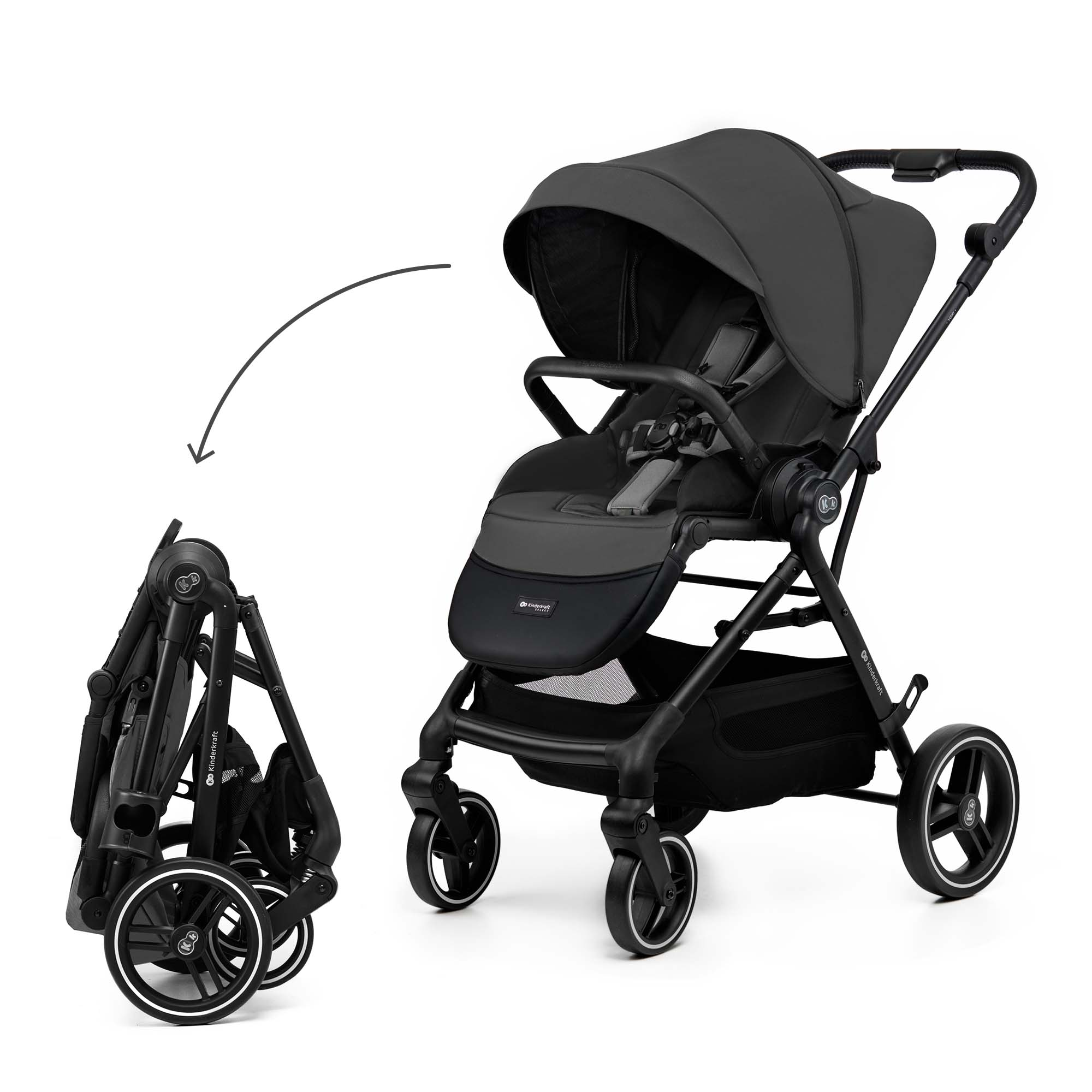 Ein schwarzer Kinderwagen, aufrecht und zusammengeklappt, auf weißem Hintergrund.