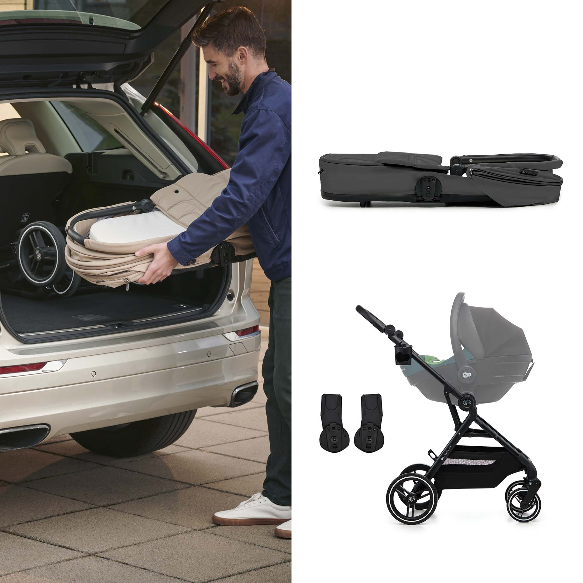 Mann lädt Kinderwagen in Kofferraum. Nahaufnahme des Kinderwagens und Zubehör.