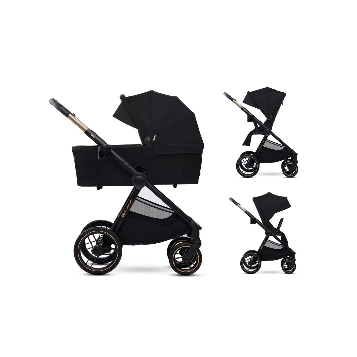 Ein schwarzer Kinderwagen mit goldenen Akzenten, frontal und von der Seite gezeigt.