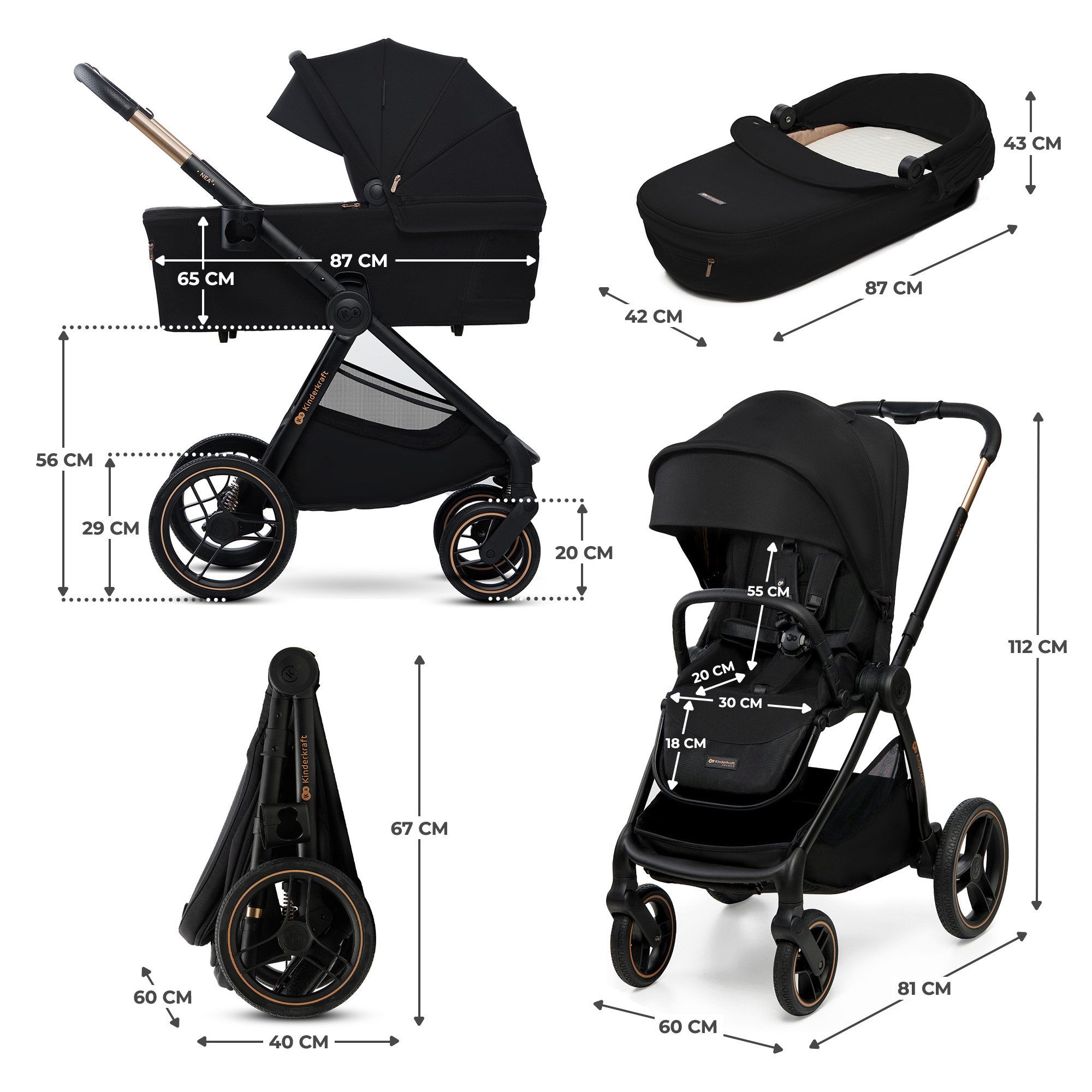 Schwarz Kinderwagen mit Maßen und Zubehörteilen.