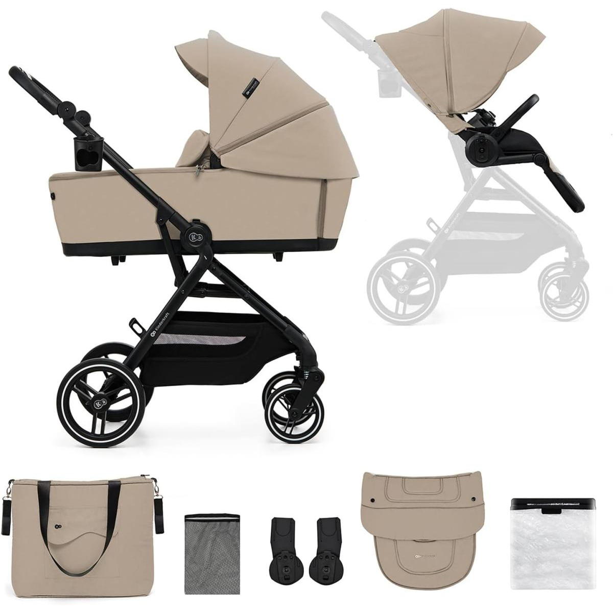 Beiger Kinderwagen mit Babywanne, Zubehör: Tasche, Netz, Adapter, Fußsack, Regenschutz.
