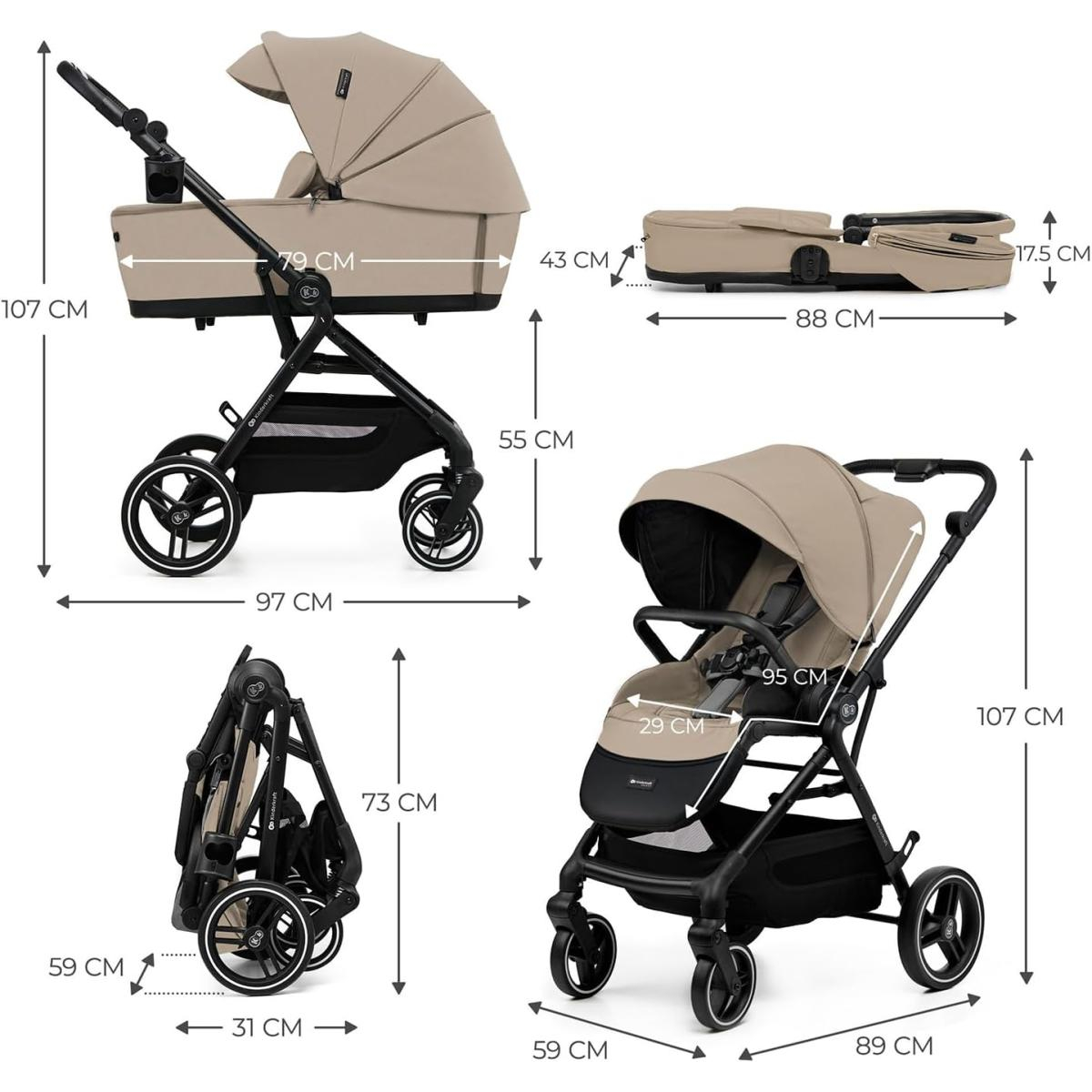 Maße eines Kinderwagens in Beige: offen, zusammengeklappt, mit Liegewanne.
