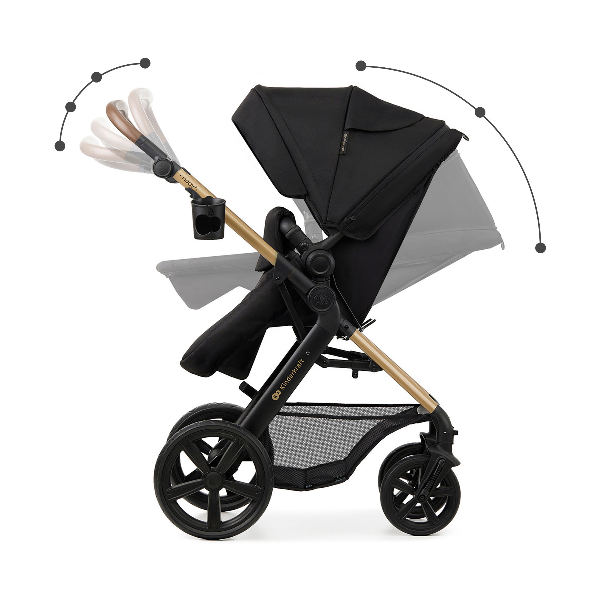 Schwarzer Kinderwagen mit verstellbarem Griff und Verdeck.