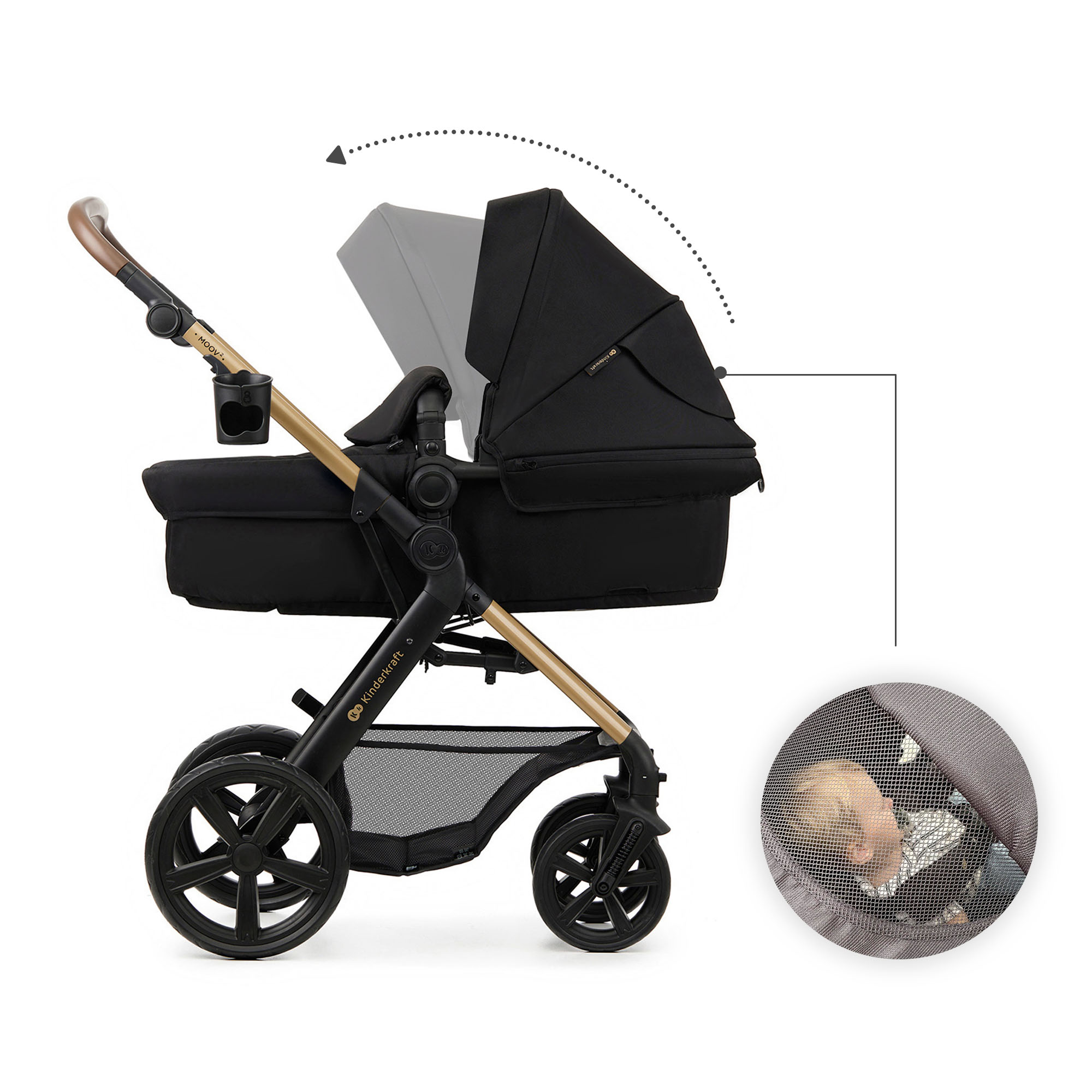 Schwarzer Kinderwagen mit goldenen Akzenten, zeigt eine Babywanne und ein Baby im Detail.