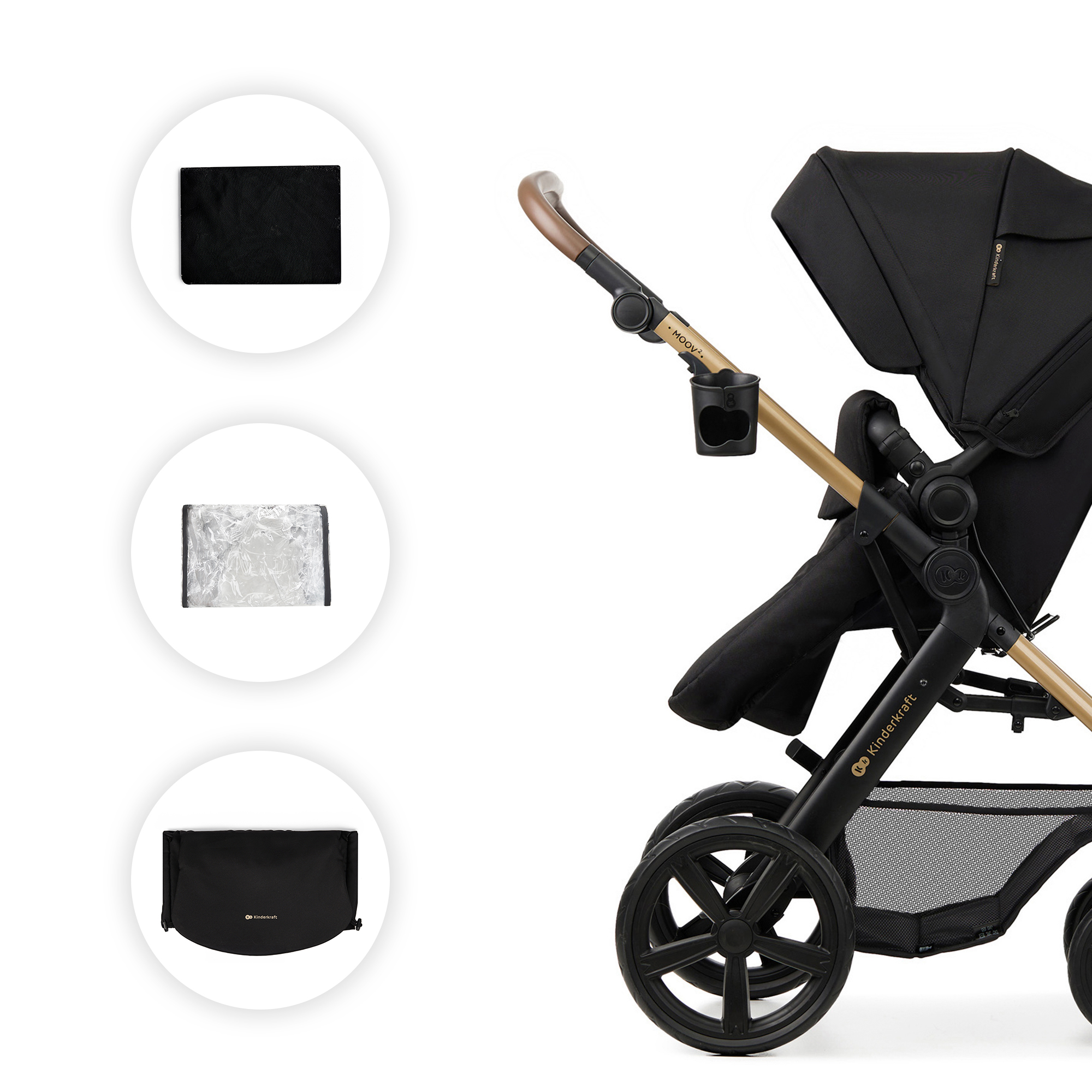 Schwarzer Kinderwagen mit Zubehörtaschen: Regenschutz, Netz und Tragetasche.
