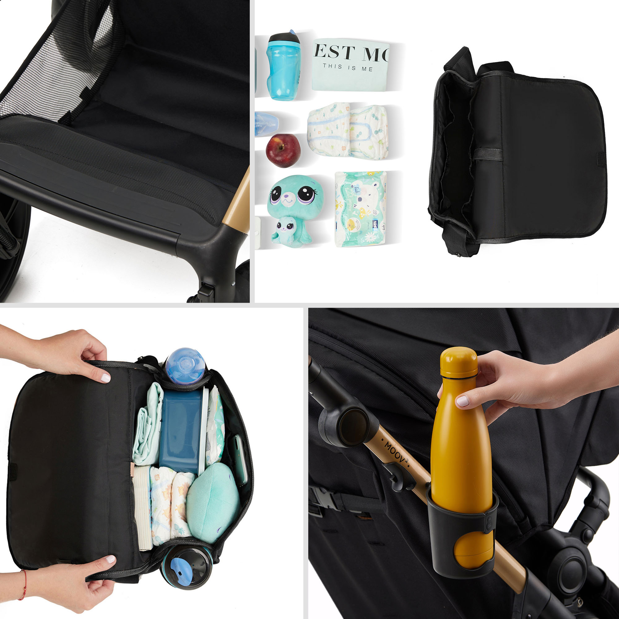 Ein schwarzer Kinderwagenkorb, eine Tasche und Babyutensilien.