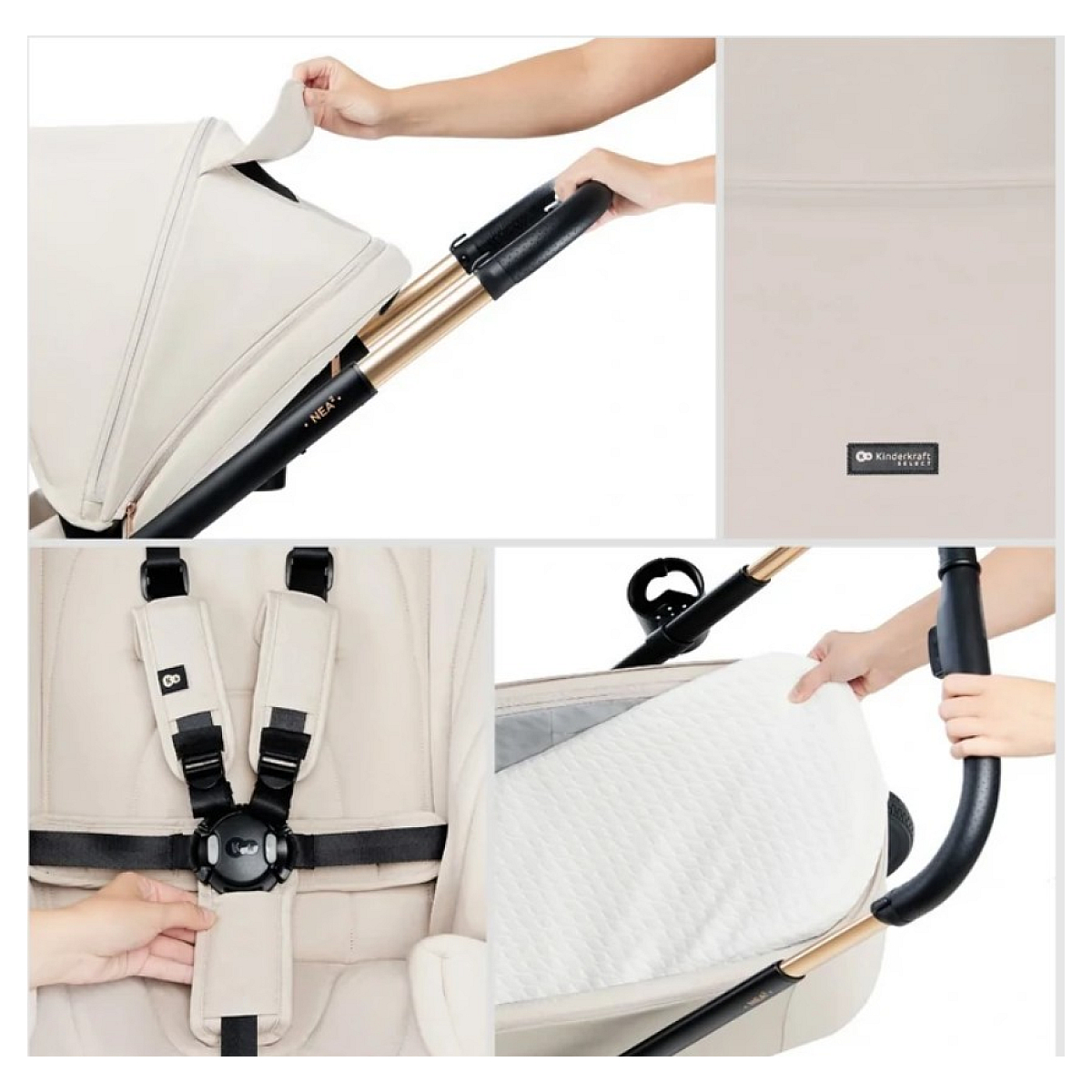 Beige Kinderwagen-Details: Verdeck, Gurtzeug, Griff und Einlage.