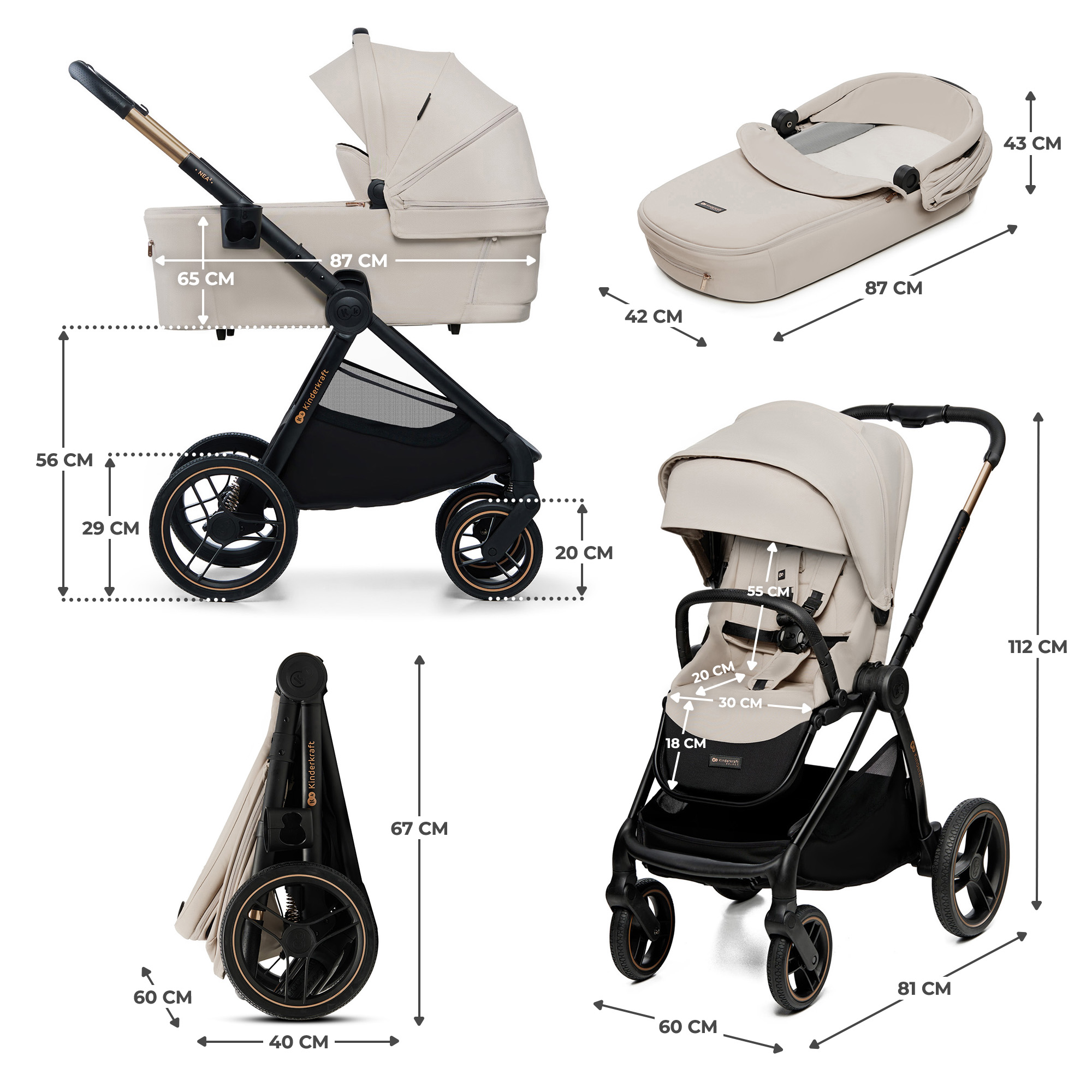 Kinderwagen-Set mit Maßen: Babywanne, Sportsitz und zusammengeklappt.
