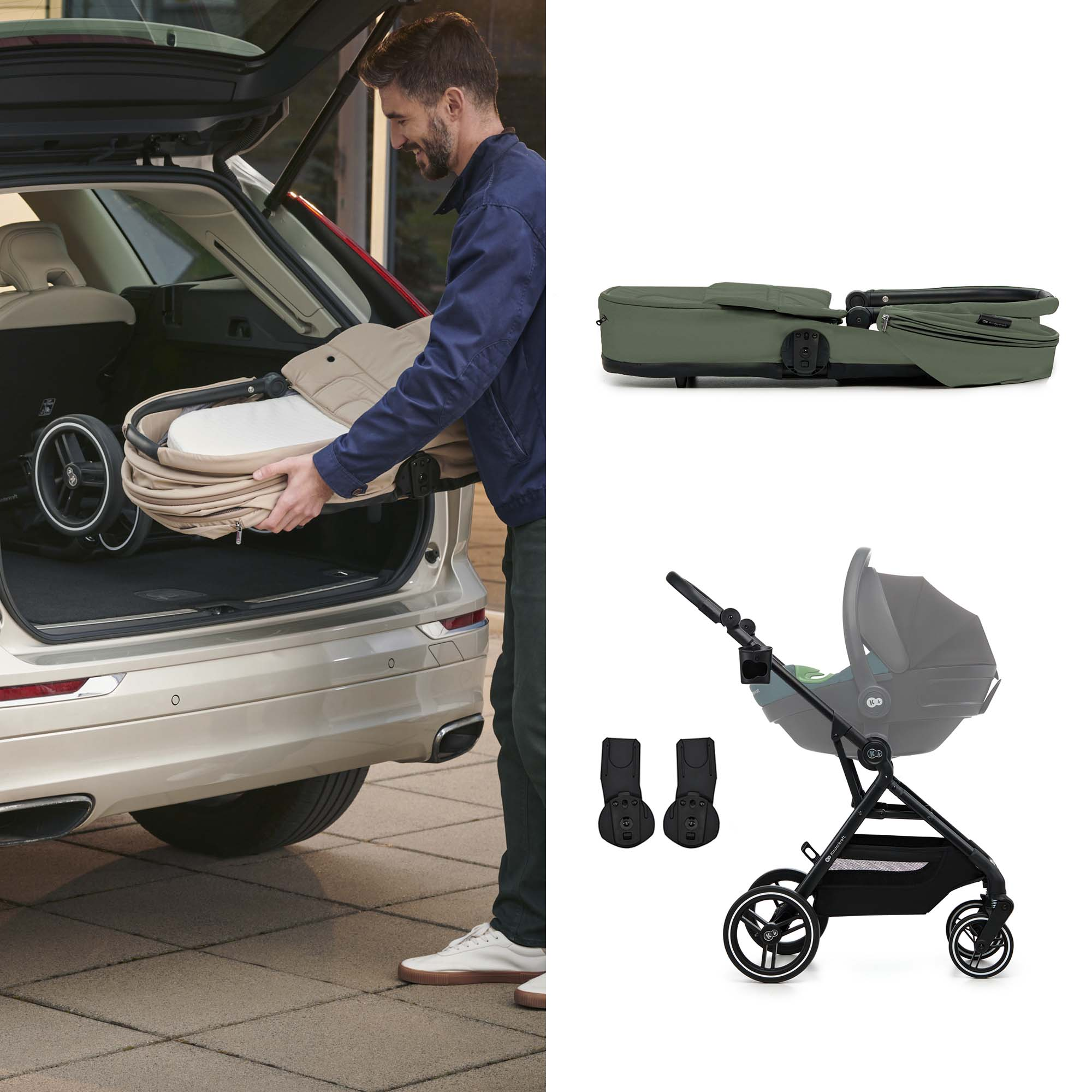 Mann lädt Kinderwagen in Auto. Zusammengeklappter Kinderwagen und Gestell.