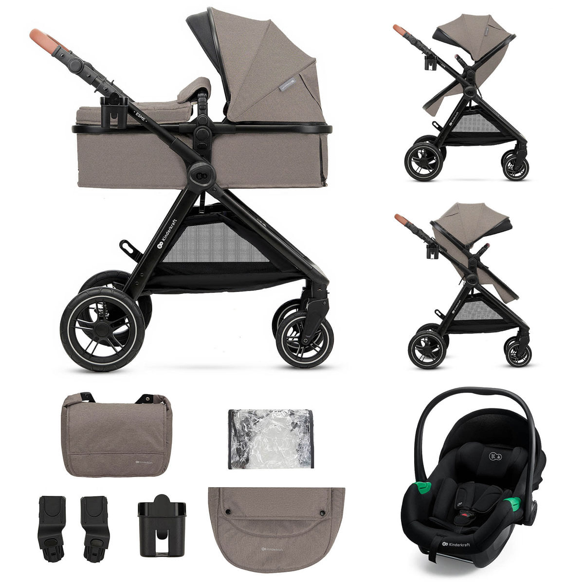 Ein Kinderwagen mit Babywanne, Autositz und Zubehör auf weißem Hintergrund.