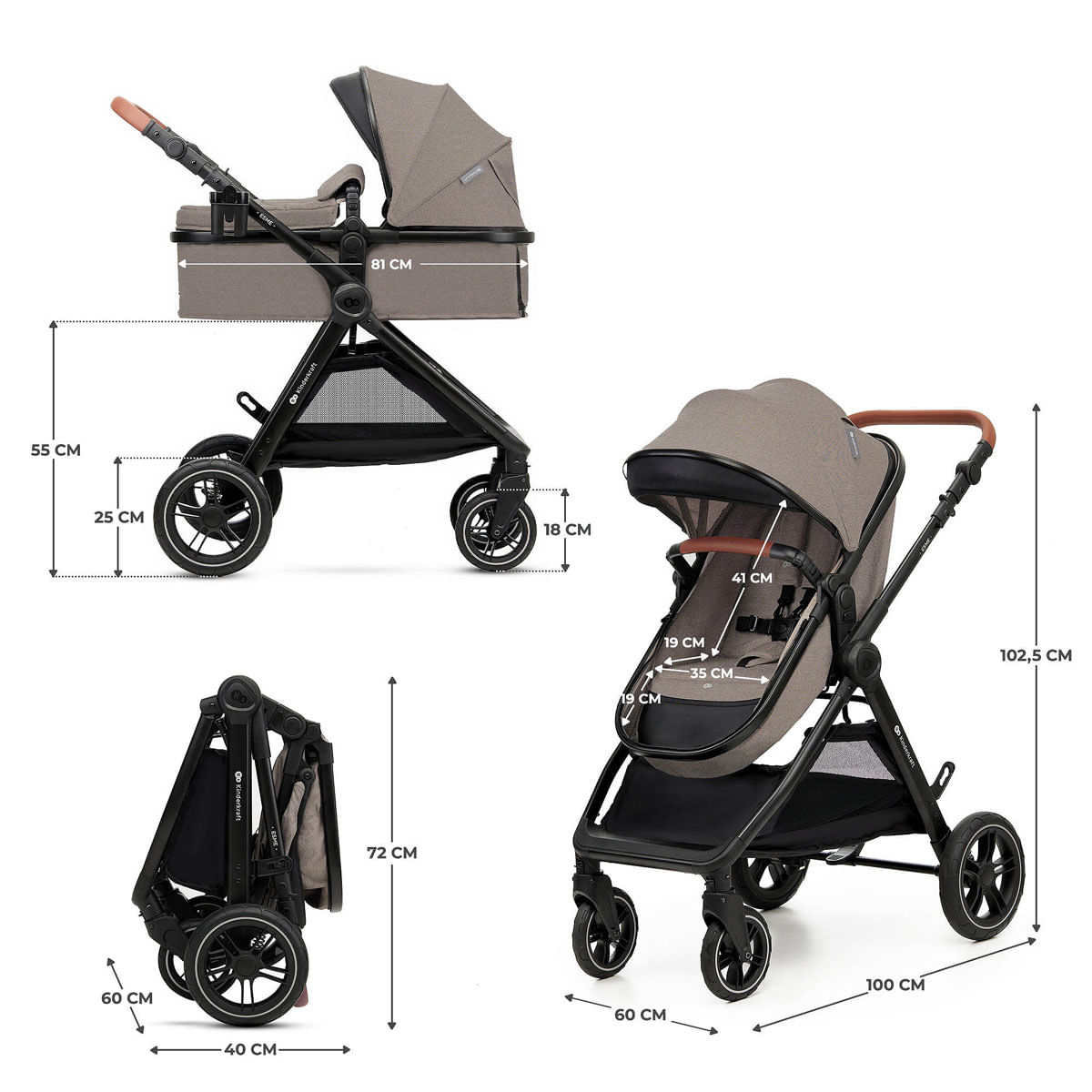 Ein Kinderwagen in Beige und Schwarz, mit Maßen und Ansichten.