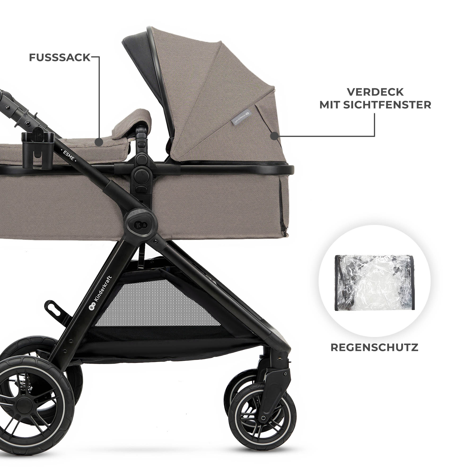 Grauer Kinderwagen mit abnehmbarer Fußsack-Abdeckung und Regenhaube.