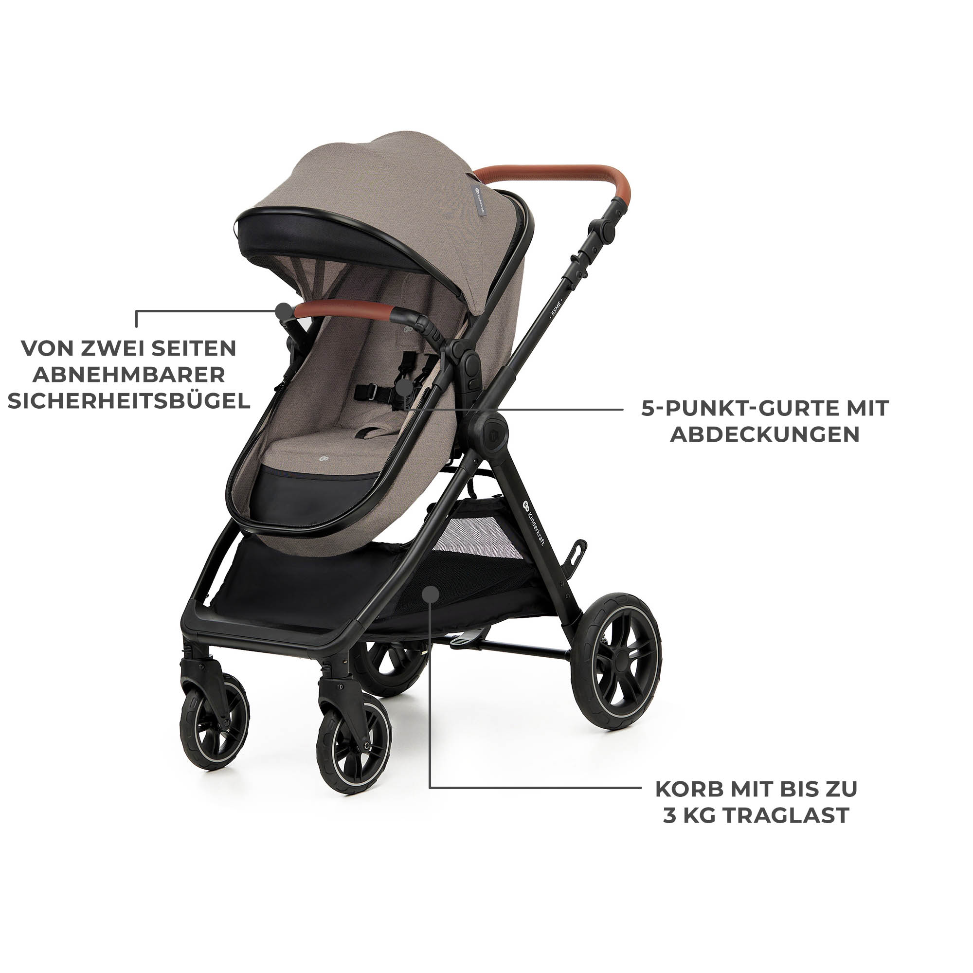 Grauer Kinderwagen mit braunen Griffen, abnehmbarem Bügel und Korb.