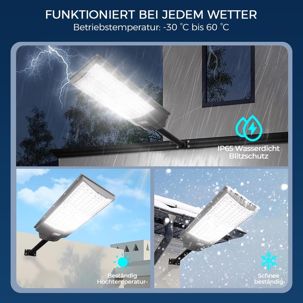 LED-Lampe im Einsatz bei Regen, Schnee und Hitze, mit Blitzschutz.
