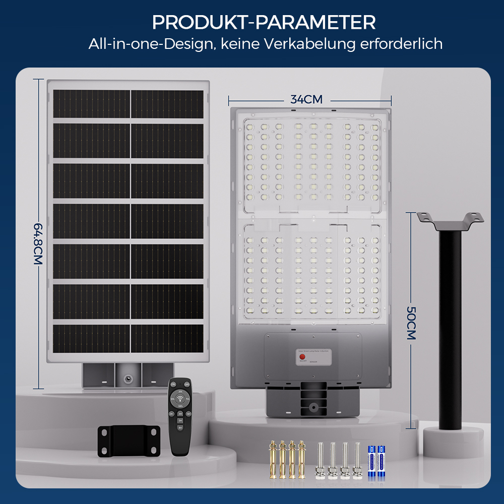 Solarleuchte mit Paneel, Fernbedienung, Halterung und Schrauben.