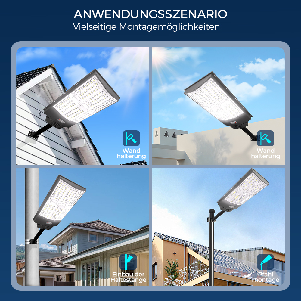 Vier Montageszenarien für Außenleuchten: Wand, Pfahl und Einbau.