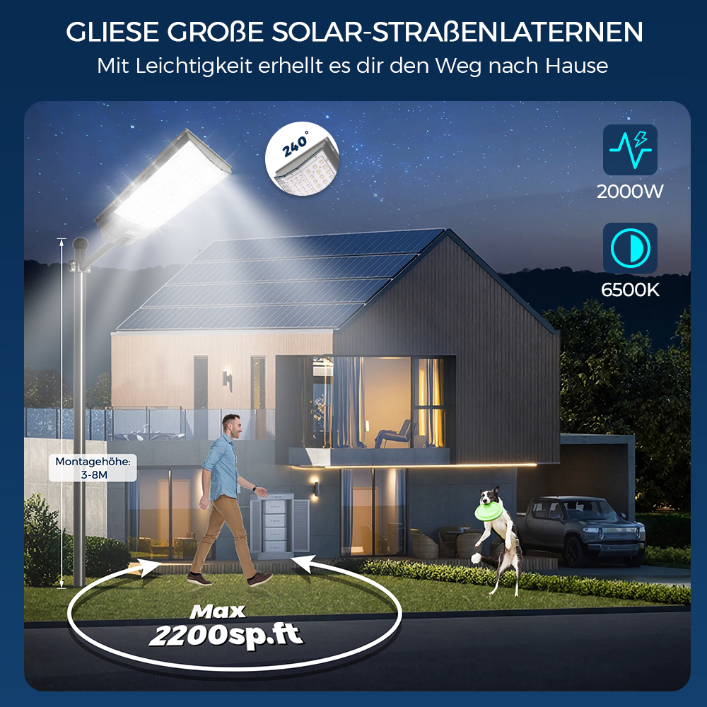 Solarstraßenlaterne beleuchtet Haus, Mann und Hund bei Nacht. Daten: 240°, 2000W, 6500K, 2200 sq.ft.