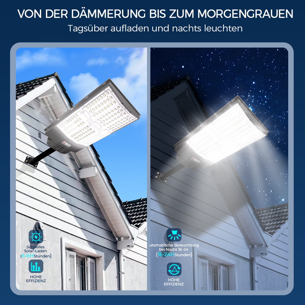 Solarleuchte am Haus: tagsüber laden, nachts leuchten. Hohe Effizienz.